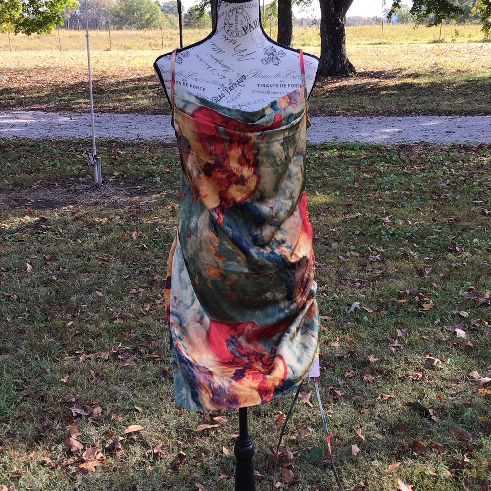 Micas Watercolor Print Ruched Drawstring Multi Color Mini Slip Dress